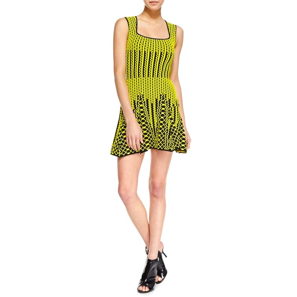 NWOT RVN Chevron Jacquard Square Neck Flare Skater Dress Black Yellow Women’s M - Picture 10 of 10